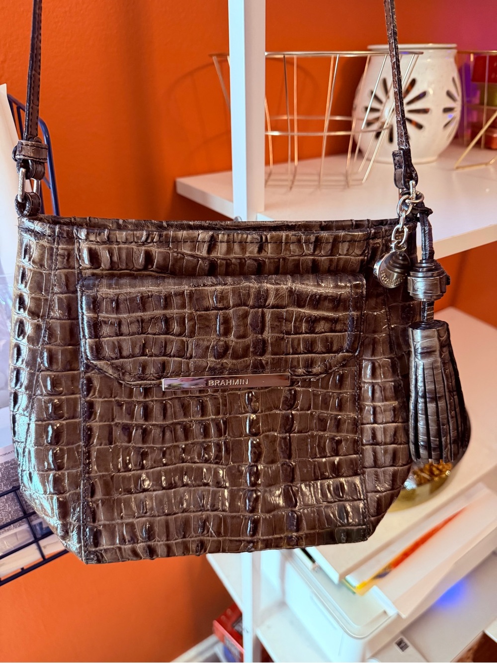 BRAHMIN Brown Croc-Embossed Leather Crossbody with Tassel Charm